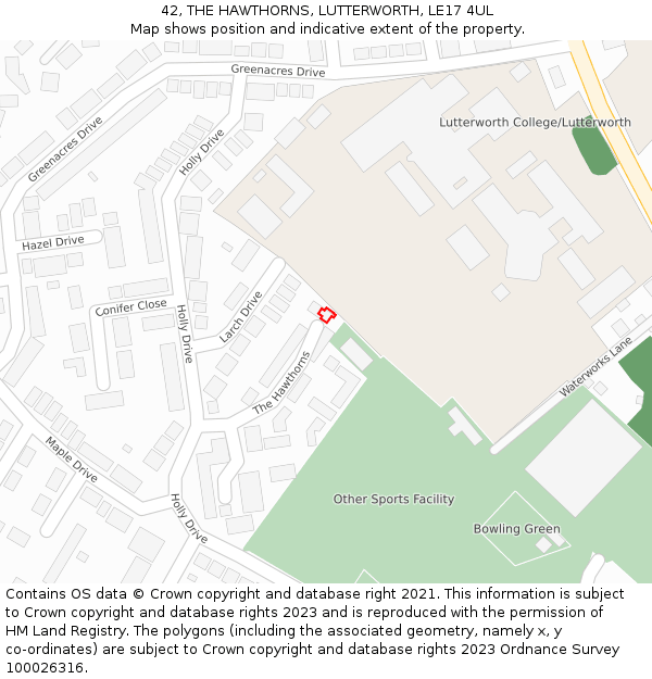 42, THE HAWTHORNS, LUTTERWORTH, LE17 4UL: Location map and indicative extent of plot