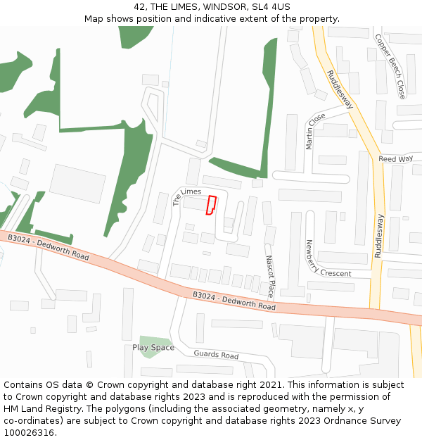 42, THE LIMES, WINDSOR, SL4 4US: Location map and indicative extent of plot