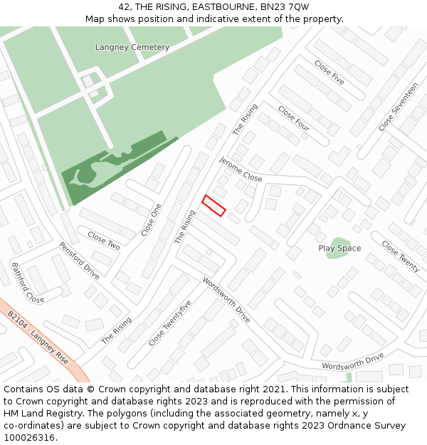42, THE RISING, EASTBOURNE, BN23 7QW: Location map and indicative extent of plot