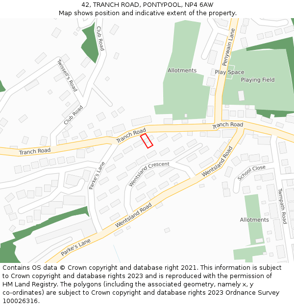42, TRANCH ROAD, PONTYPOOL, NP4 6AW: Location map and indicative extent of plot