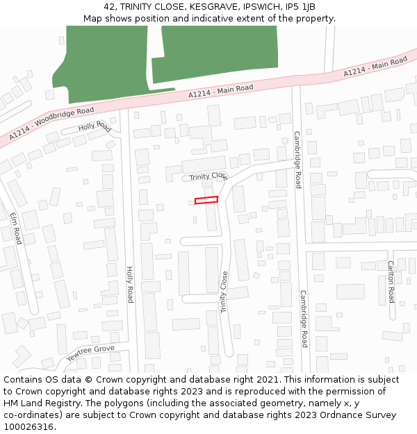 42, TRINITY CLOSE, KESGRAVE, IPSWICH, IP5 1JB: Location map and indicative extent of plot