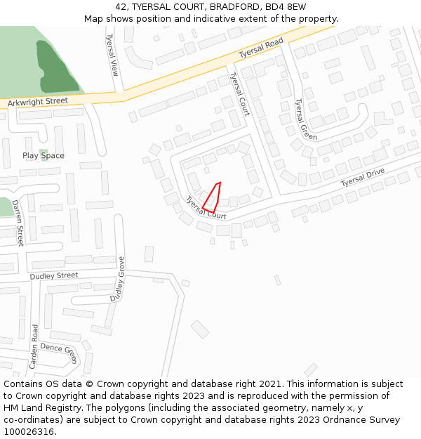 42, TYERSAL COURT, BRADFORD, BD4 8EW: Location map and indicative extent of plot