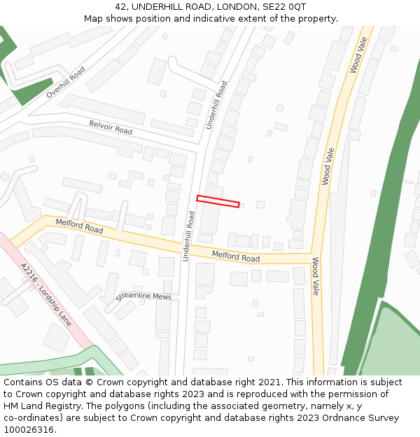 42, UNDERHILL ROAD, LONDON, SE22 0QT: Location map and indicative extent of plot