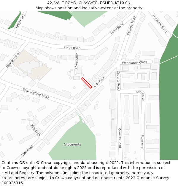 42, VALE ROAD, CLAYGATE, ESHER, KT10 0NJ: Location map and indicative extent of plot