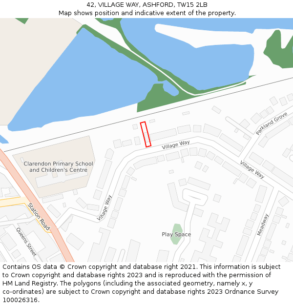 42, VILLAGE WAY, ASHFORD, TW15 2LB: Location map and indicative extent of plot