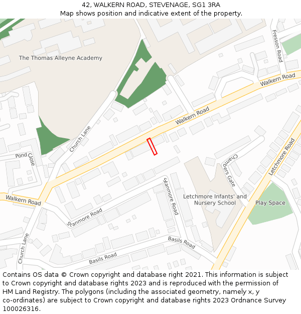 42, WALKERN ROAD, STEVENAGE, SG1 3RA: Location map and indicative extent of plot