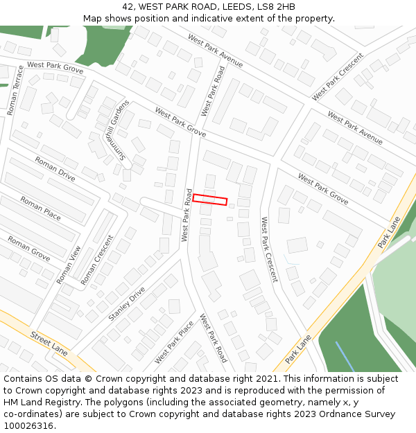42, WEST PARK ROAD, LEEDS, LS8 2HB: Location map and indicative extent of plot