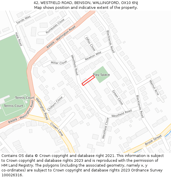 42, WESTFIELD ROAD, BENSON, WALLINGFORD, OX10 6NJ: Location map and indicative extent of plot