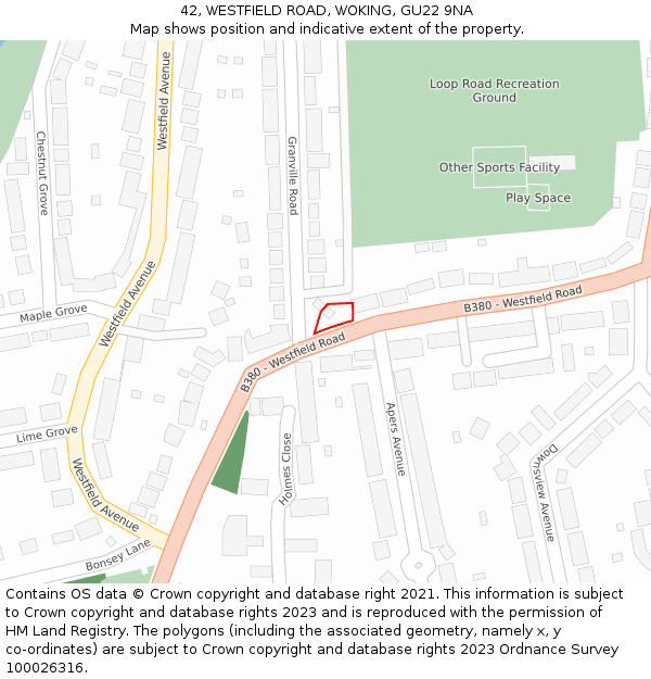 42, WESTFIELD ROAD, WOKING, GU22 9NA: Location map and indicative extent of plot