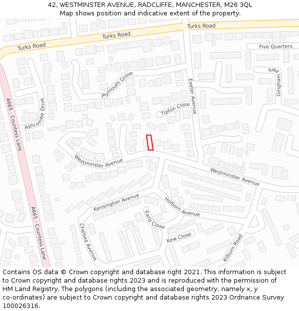 42, WESTMINSTER AVENUE, RADCLIFFE, MANCHESTER, M26 3QL: Location map and indicative extent of plot
