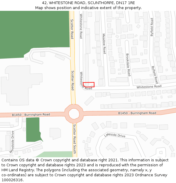 42, WHITESTONE ROAD, SCUNTHORPE, DN17 1RE: Location map and indicative extent of plot
