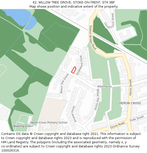 42, WILLOW TREE GROVE, STOKE-ON-TRENT, ST4 3BF: Location map and indicative extent of plot