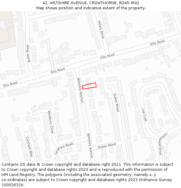 42, WILTSHIRE AVENUE, CROWTHORNE, RG45 6NQ: Location map and indicative extent of plot