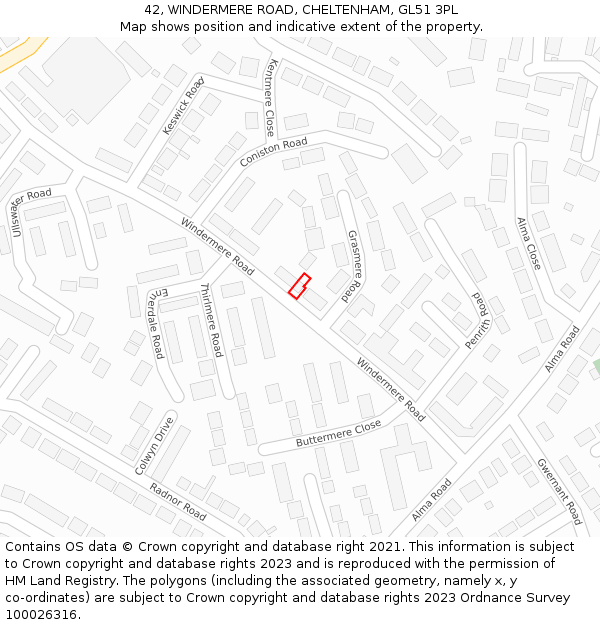 42, WINDERMERE ROAD, CHELTENHAM, GL51 3PL: Location map and indicative extent of plot