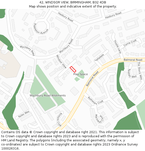 42, WINDSOR VIEW, BIRMINGHAM, B32 4DB: Location map and indicative extent of plot