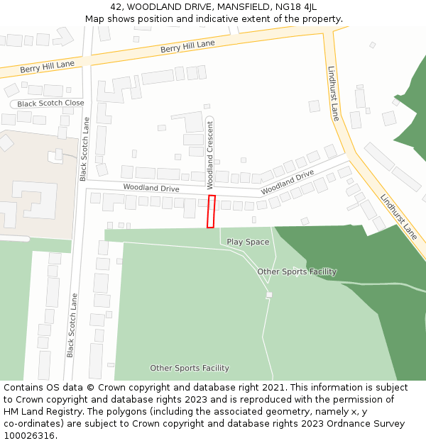42, WOODLAND DRIVE, MANSFIELD, NG18 4JL: Location map and indicative extent of plot