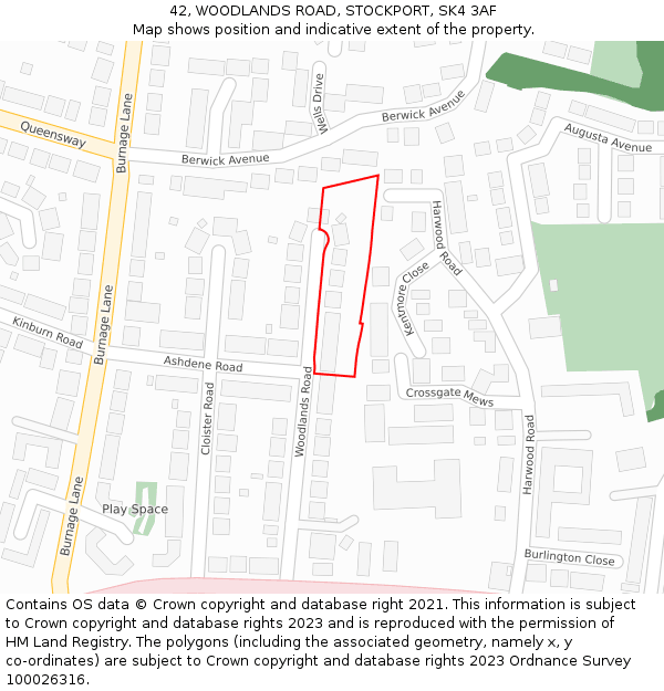 42, WOODLANDS ROAD, STOCKPORT, SK4 3AF: Location map and indicative extent of plot