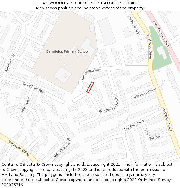 42, WOODLEYES CRESCENT, STAFFORD, ST17 4RE: Location map and indicative extent of plot