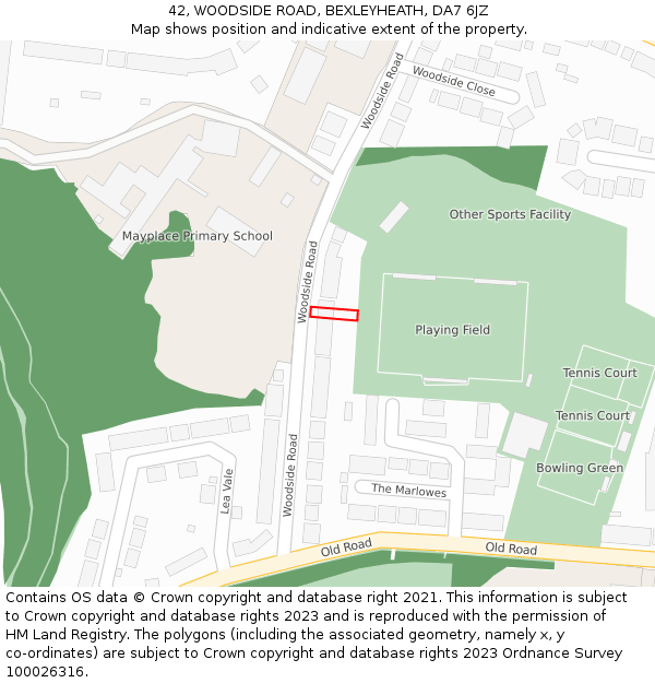 42, WOODSIDE ROAD, BEXLEYHEATH, DA7 6JZ: Location map and indicative extent of plot