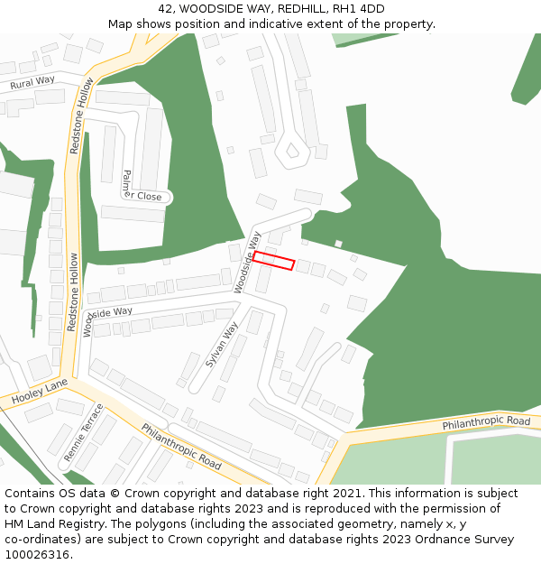 42, WOODSIDE WAY, REDHILL, RH1 4DD: Location map and indicative extent of plot