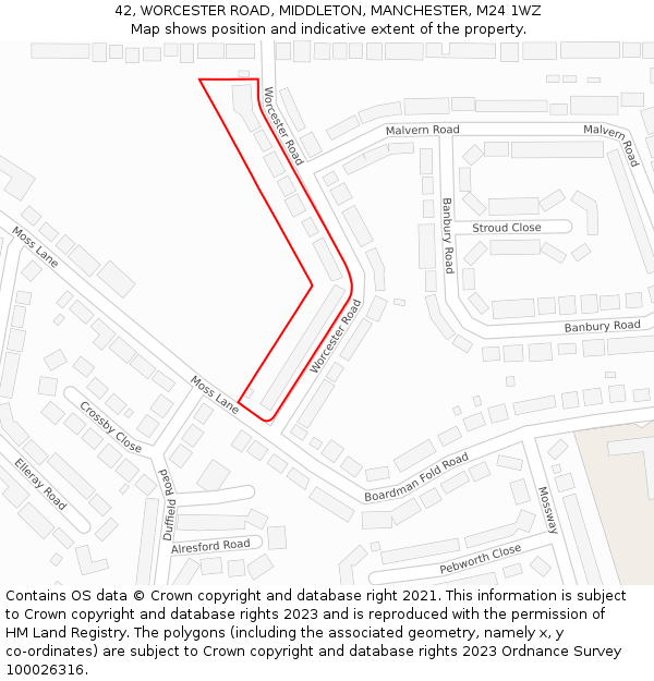 42, WORCESTER ROAD, MIDDLETON, MANCHESTER, M24 1WZ: Location map and indicative extent of plot