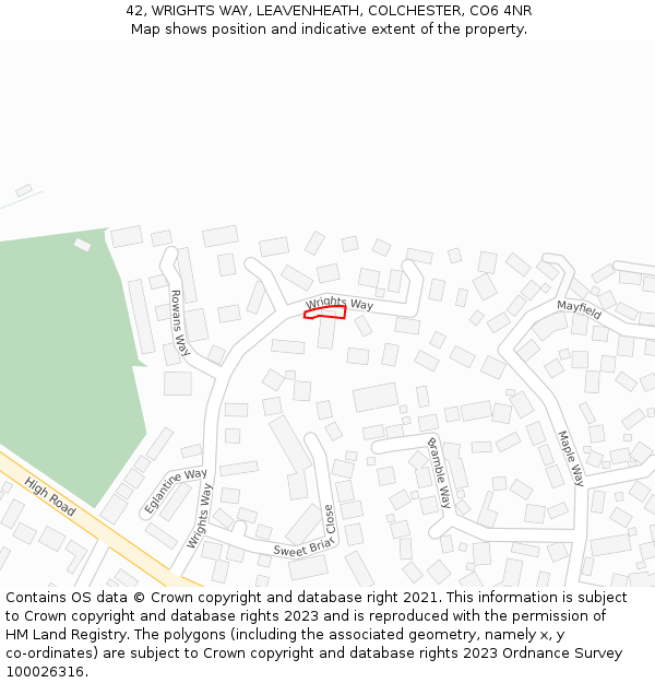 42, WRIGHTS WAY, LEAVENHEATH, COLCHESTER, CO6 4NR: Location map and indicative extent of plot