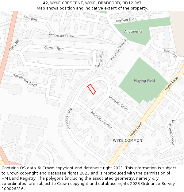 42, WYKE CRESCENT, WYKE, BRADFORD, BD12 9AT: Location map and indicative extent of plot
