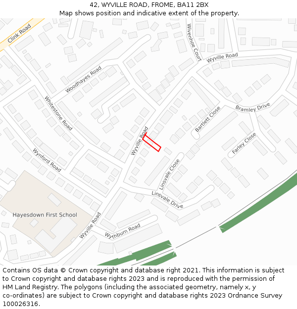 42, WYVILLE ROAD, FROME, BA11 2BX: Location map and indicative extent of plot