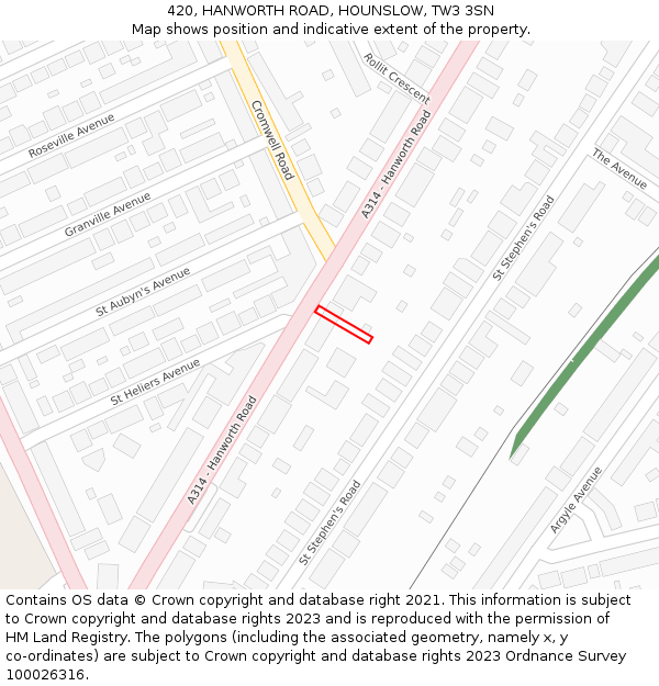 420, HANWORTH ROAD, HOUNSLOW, TW3 3SN: Location map and indicative extent of plot