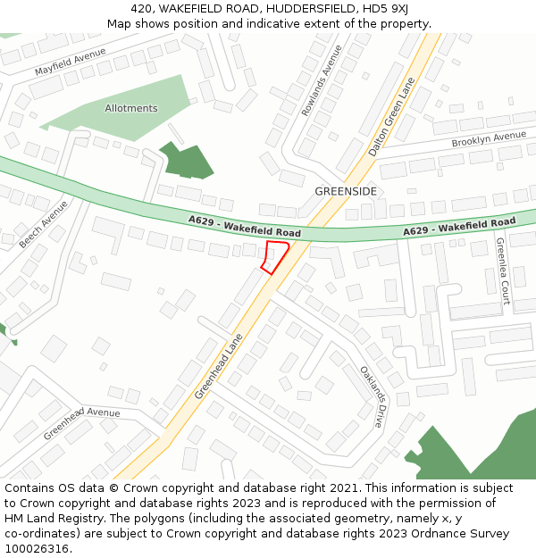 420, WAKEFIELD ROAD, HUDDERSFIELD, HD5 9XJ: Location map and indicative extent of plot