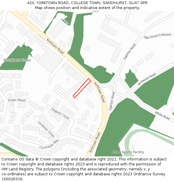 420, YORKTOWN ROAD, COLLEGE TOWN, SANDHURST, GU47 0PR: Location map and indicative extent of plot