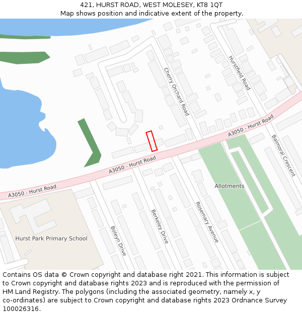 421, HURST ROAD, WEST MOLESEY, KT8 1QT: Location map and indicative extent of plot