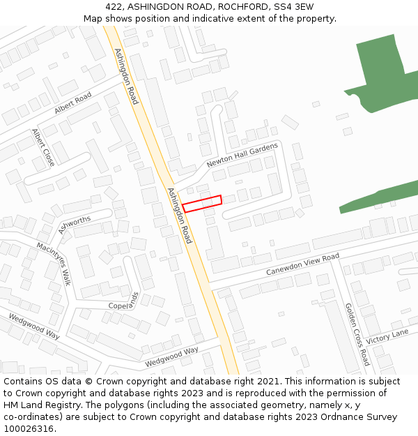 422, ASHINGDON ROAD, ROCHFORD, SS4 3EW: Location map and indicative extent of plot