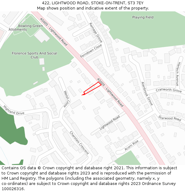 422, LIGHTWOOD ROAD, STOKE-ON-TRENT, ST3 7EY: Location map and indicative extent of plot