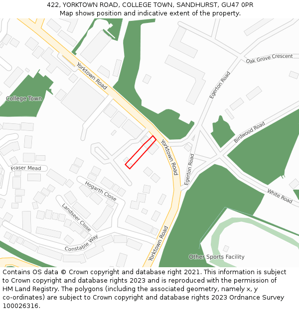 422, YORKTOWN ROAD, COLLEGE TOWN, SANDHURST, GU47 0PR: Location map and indicative extent of plot