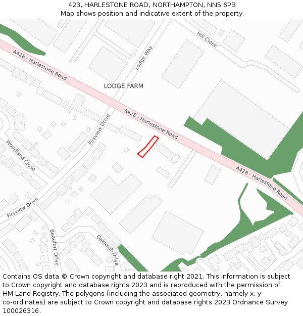 423, HARLESTONE ROAD, NORTHAMPTON, NN5 6PB: Location map and indicative extent of plot