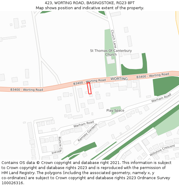 423, WORTING ROAD, BASINGSTOKE, RG23 8PT: Location map and indicative extent of plot