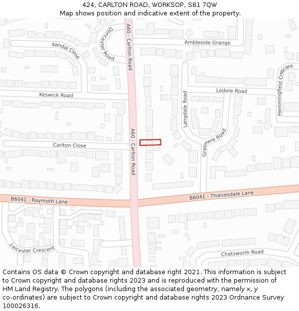 424, CARLTON ROAD, WORKSOP, S81 7QW: Location map and indicative extent of plot