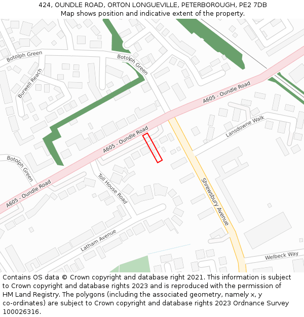 424, OUNDLE ROAD, ORTON LONGUEVILLE, PETERBOROUGH, PE2 7DB: Location map and indicative extent of plot