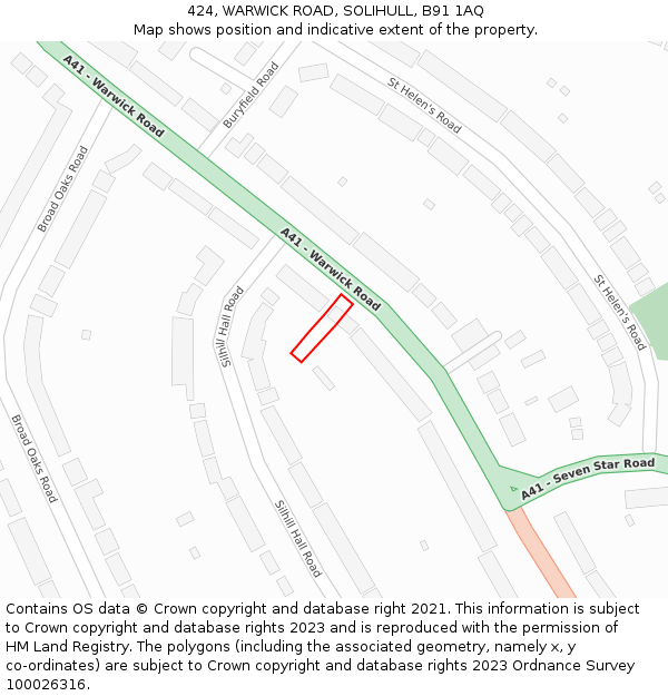 424, WARWICK ROAD, SOLIHULL, B91 1AQ: Location map and indicative extent of plot