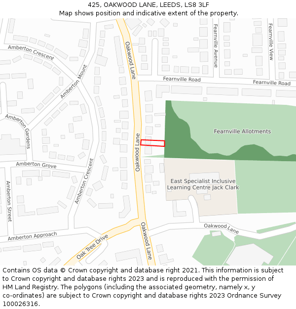 425, OAKWOOD LANE, LEEDS, LS8 3LF: Location map and indicative extent of plot