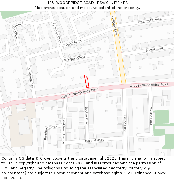 425, WOODBRIDGE ROAD, IPSWICH, IP4 4ER: Location map and indicative extent of plot
