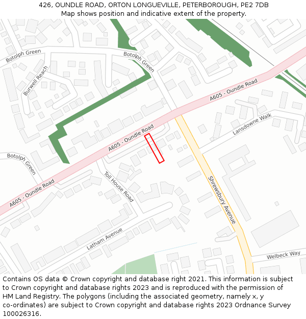 426, OUNDLE ROAD, ORTON LONGUEVILLE, PETERBOROUGH, PE2 7DB: Location map and indicative extent of plot