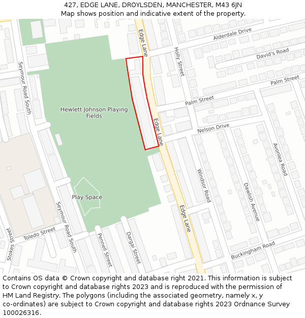 427, EDGE LANE, DROYLSDEN, MANCHESTER, M43 6JN: Location map and indicative extent of plot