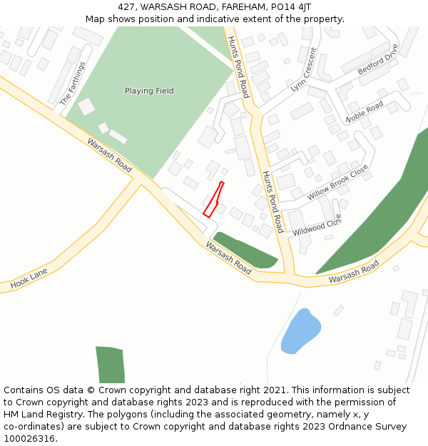 427, WARSASH ROAD, FAREHAM, PO14 4JT: Location map and indicative extent of plot