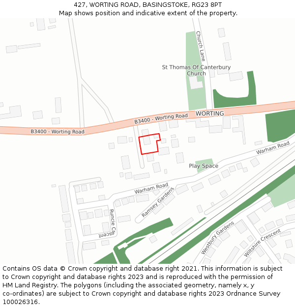 427, WORTING ROAD, BASINGSTOKE, RG23 8PT: Location map and indicative extent of plot