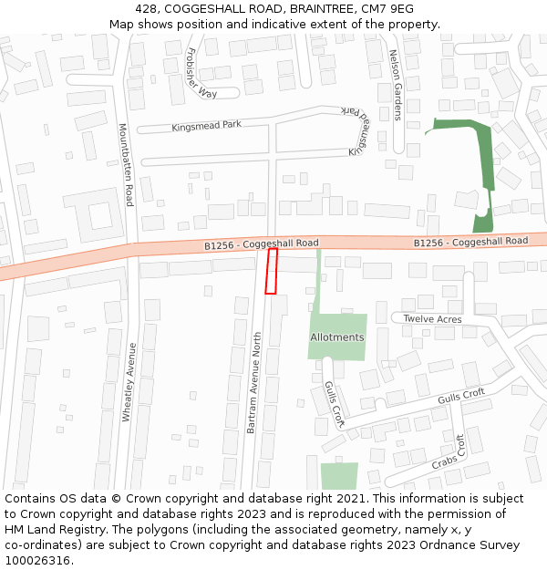 428, COGGESHALL ROAD, BRAINTREE, CM7 9EG: Location map and indicative extent of plot
