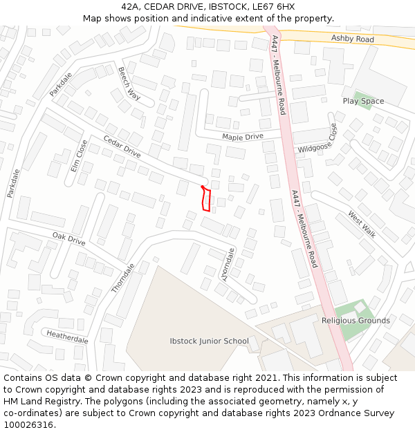 42A, CEDAR DRIVE, IBSTOCK, LE67 6HX: Location map and indicative extent of plot