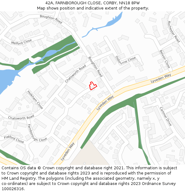 42A, FARNBOROUGH CLOSE, CORBY, NN18 8PW: Location map and indicative extent of plot