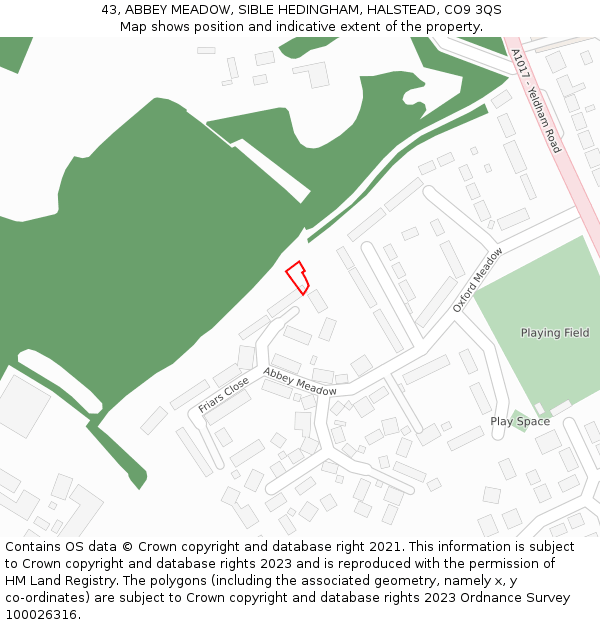 43, ABBEY MEADOW, SIBLE HEDINGHAM, HALSTEAD, CO9 3QS: Location map and indicative extent of plot